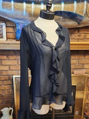 Chaps Sheer Black Ruffled Top On Trend Size Medium Feminine Sexy Whimsigoth Goth